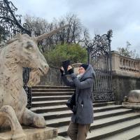 image of litto and stone unicorn in mirabell garden