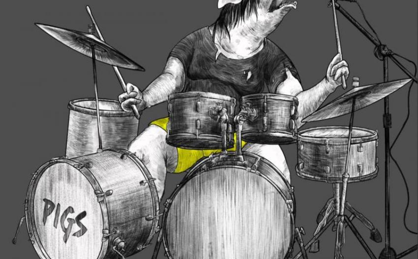 drawing of a pig at a drumset, yellow pants, rest in black and white